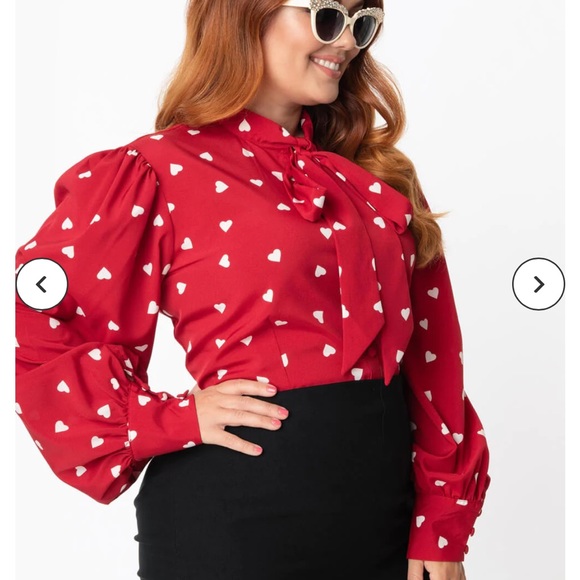 NWT Unique Vintage Red and White Hearts Neck Tie Blouse 3x/20 - Picture 2 of 8